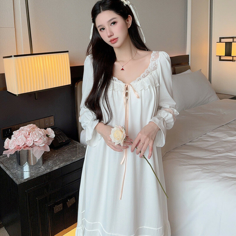 Jednokolorowa księżniczka bielizna nocna w stylu Vintage, wiosenna jesienna bawełniana koszula nocna wróżka z długim rękawem sukienka wieczorowa damskiej koszuli nocnej