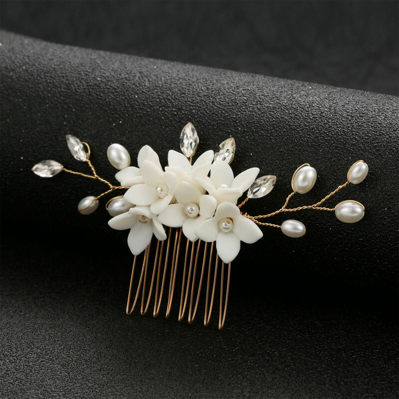 Rhinestone Pearl Ceramic Flower Hair Comb Woman Metal Comb Barrette with Pearl for Princess Party Favors Accessories