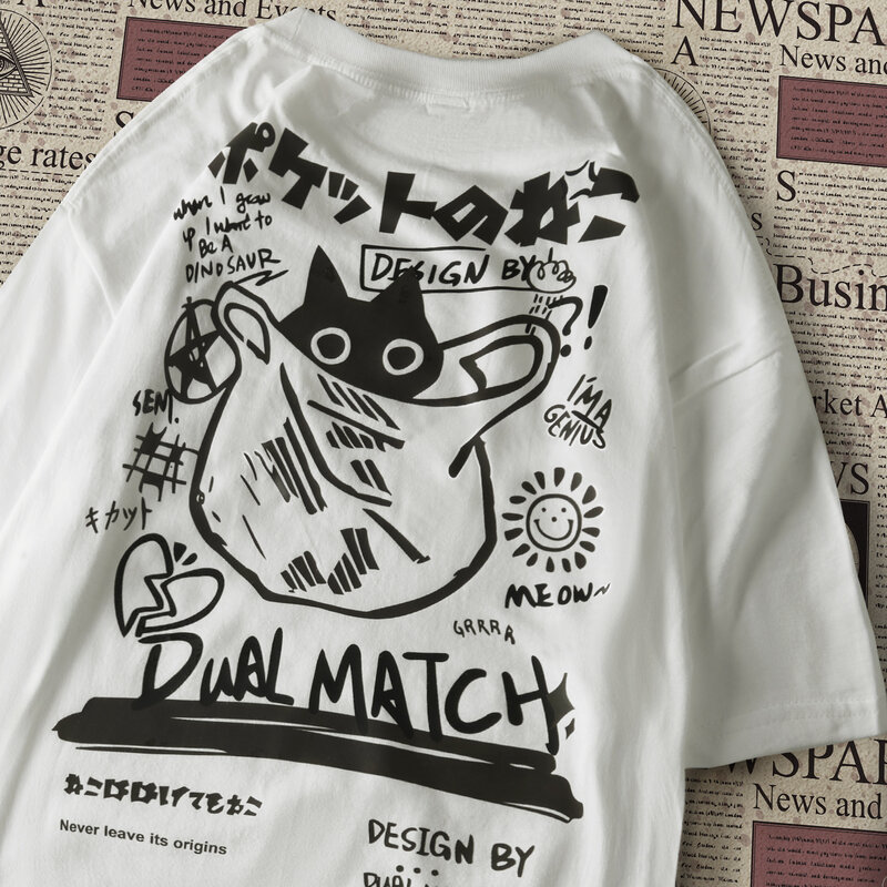 남녀공용 만화 티셔츠, 하라주쿠 카와이 고양이 프린트, 반팔 티, 커플 스트리트웨어, 느슨한 옷, Y2K 상의, 2024 여름