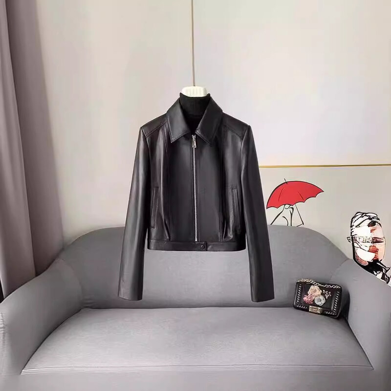 2024 Spring New Short stature Leather Coat Women's Motorcycle Flip Collar Haining Genuine Leather Sheepskin Jacket