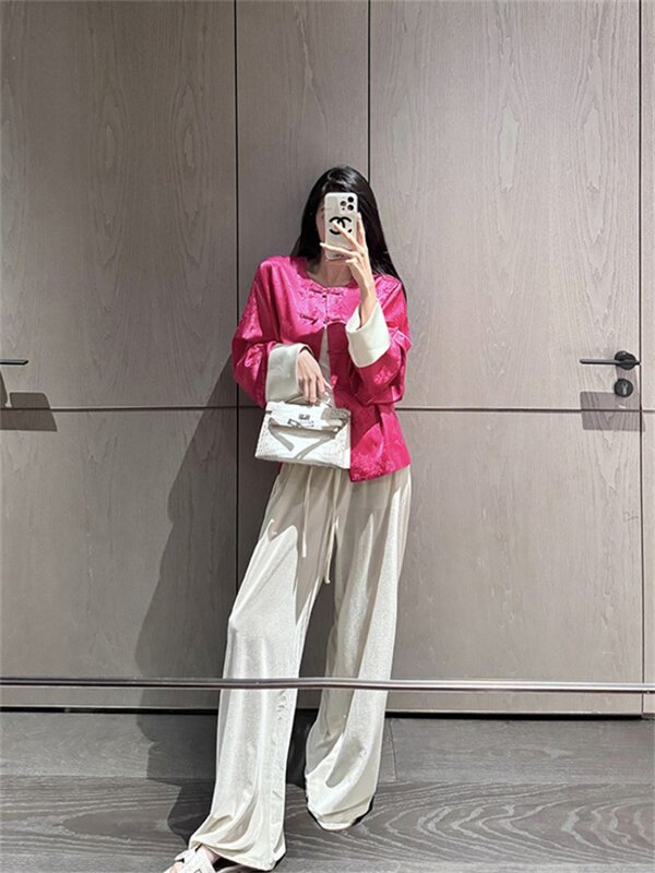 Miiiix 핑크 패셔너블한 중국 스타일 재킷, 용수철 분위기 있는 셔츠, 개선된 스플라이싱 셔츠, 탑 트렌드, 2024 신상
