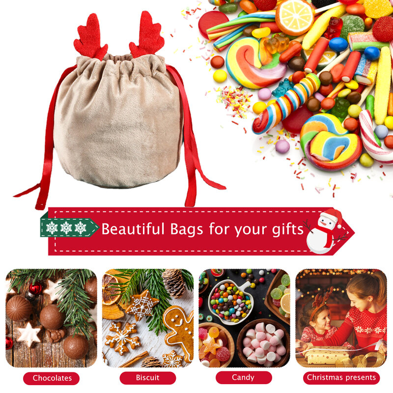 Velvet Candy Gift Bag com Cordão, Santa Sacks, Rena, Decoração de Natal, Festa de Ano Novo, Infantil, 5,10 Pcs