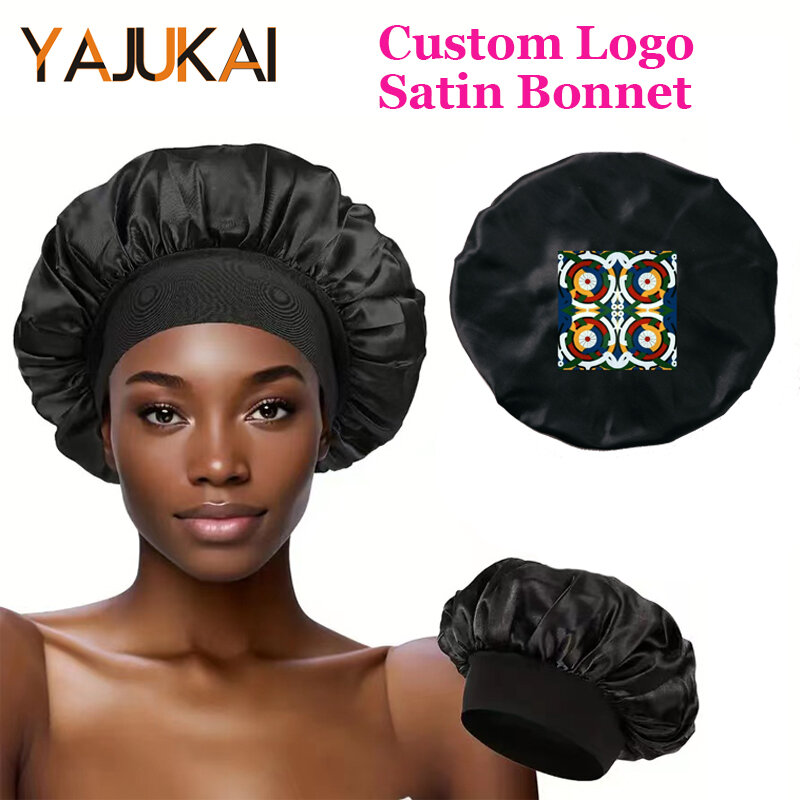 Bonnet en satin avec logo imprimé personnalisé pour femmes et filles, bonnet de nuit élastique, bonnet de bain monochrome, bonnets pour cheveux, bonnet de douche, document élégant, 5 pièces