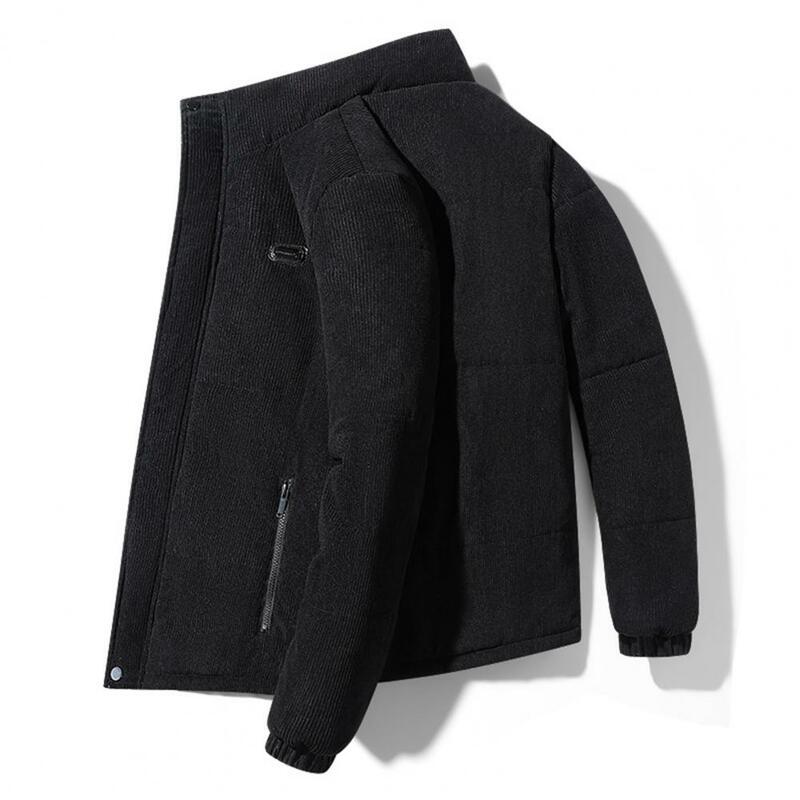 Trendy Zip-up Men Coat Men's Winter Cotton Coat with Stand Collar Thick Padded Windproof Warmth Zipper Closure Mid Length Down