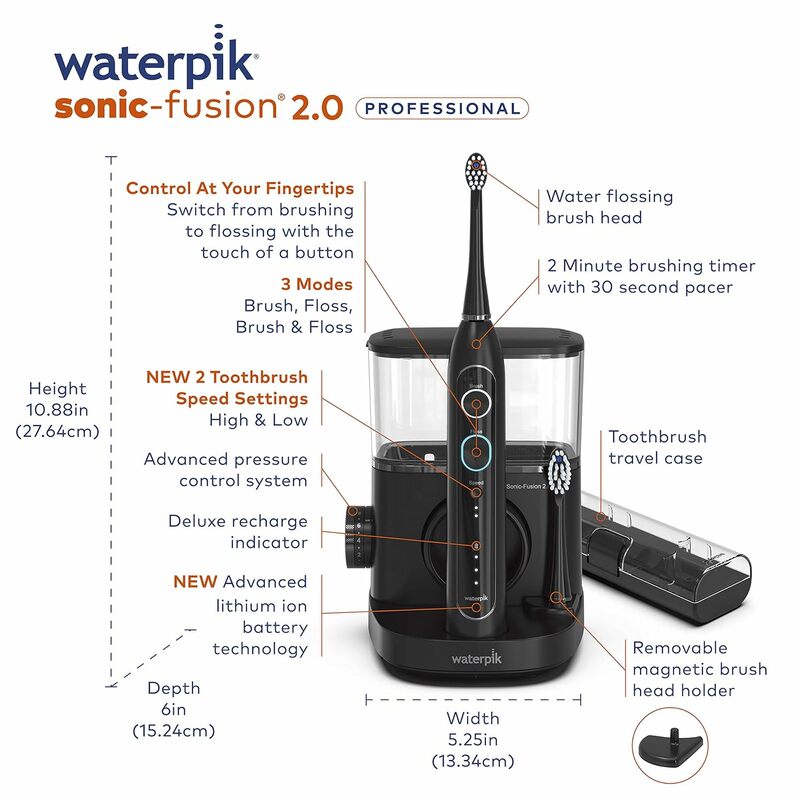 Waterpik Sonic-Fusion 2.0 spazzolino da denti professionale, spazzolino elettrico e idropulsore Combo In uno, nero