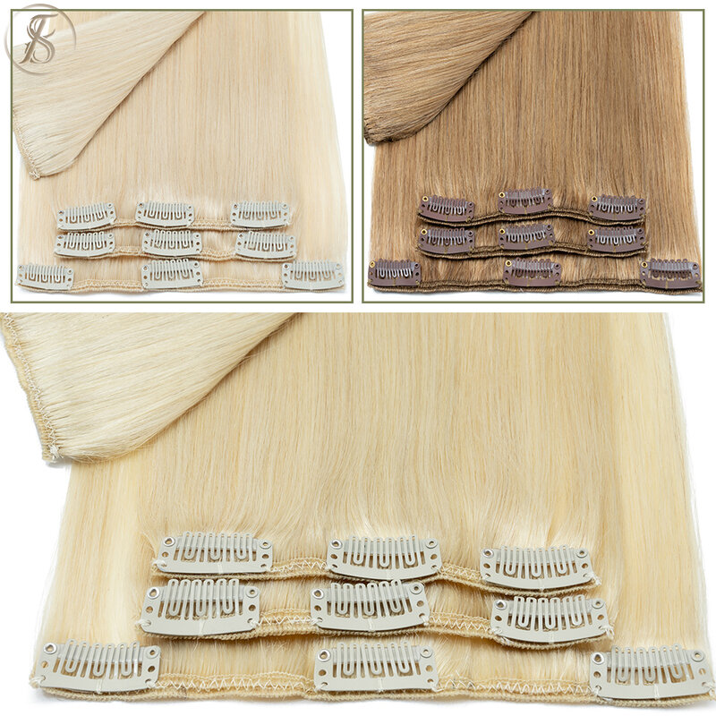 TESS-extensiones de cabello humano Remy, 7 unidades por Set, extensión Natural de 14 a 24 pulgadas, cabeza completa, color rubio