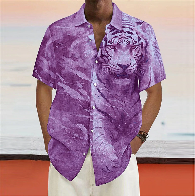 남성용 플립 칼라 단추 셔츠, 반팔 동물 호랑이 프린트 플러스 사이즈, 멋진 스트리트 파티 s-6XL, 패션 및 럭셔리