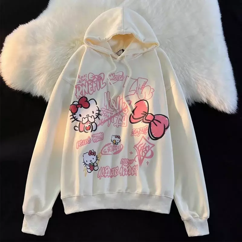 Sanrio Hello Kitty New Print Tops Hooded Women Men Autumn Winter Aesthetic Loose Sweatshirts Y2k Cute Pullovers Fashion Clothes