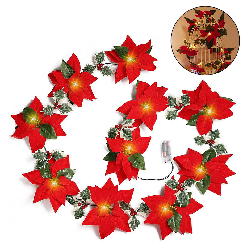 2m 10LED Christmas Poinsettia Flowers Decorations Garland String Lights Xmas Tree Ornaments Christmas Indoor Outdoor Home Decor