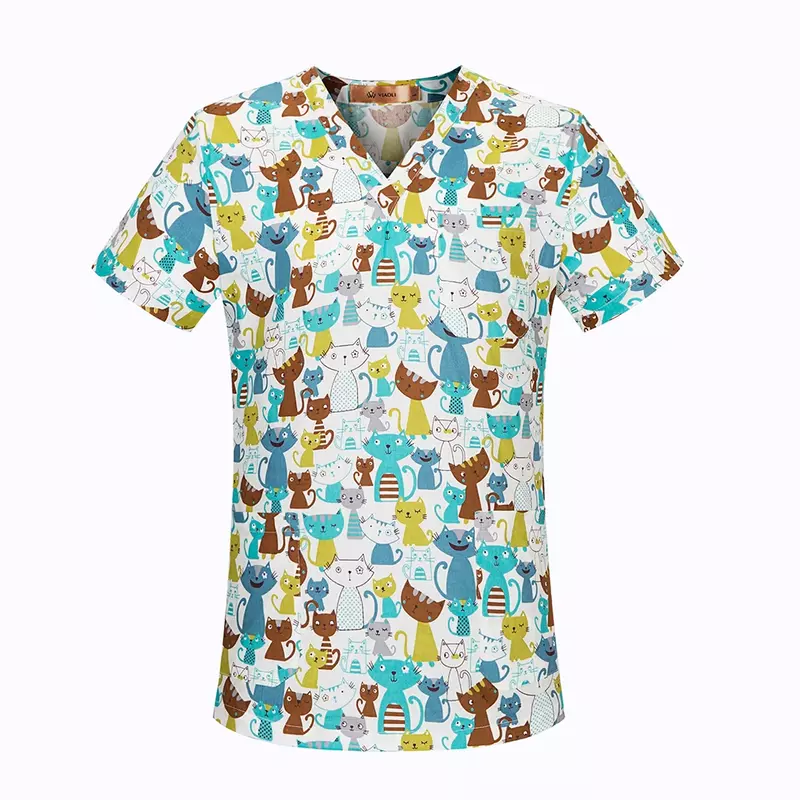 Viaoli-uniforme de algodón con estampado de dibujos animados para mujer, ropa de spa, salón de belleza, tienda de mascotas, top ajustado, bata de laboratorio