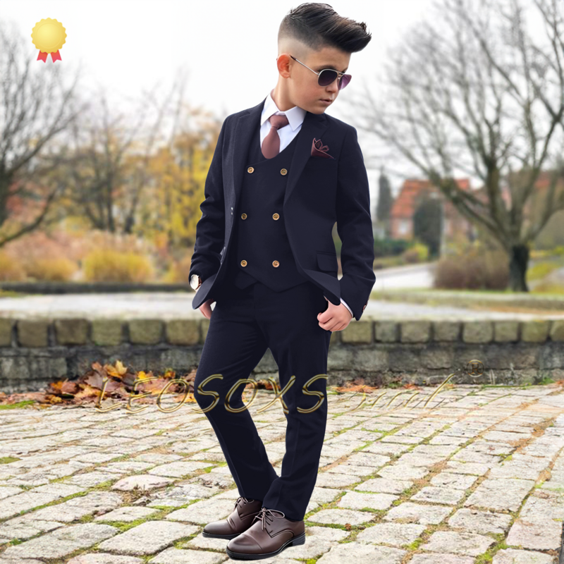 Boys' Dark Green 3-Piece Suit - Jacket, Double-Breasted Vest, and Trousers, Suitable for Weddings, Parties, Customizable