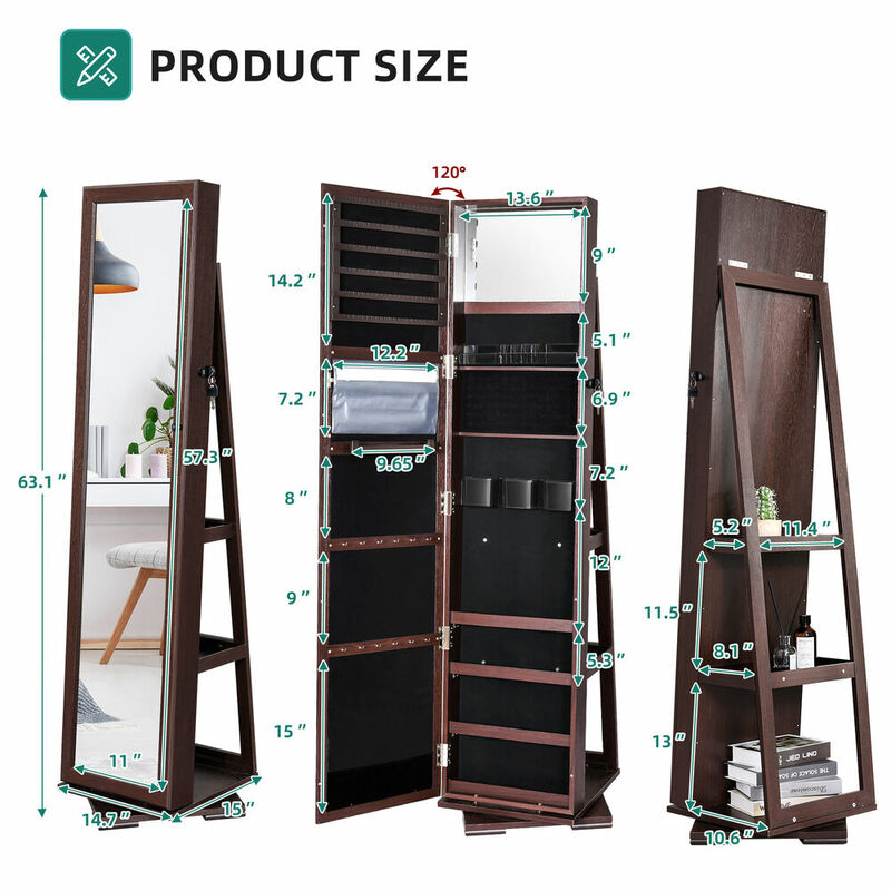 Деревянный шкаф для ювелирных изделий, запирающийся на 360 °, Зеркало полной длины с полками, орех
