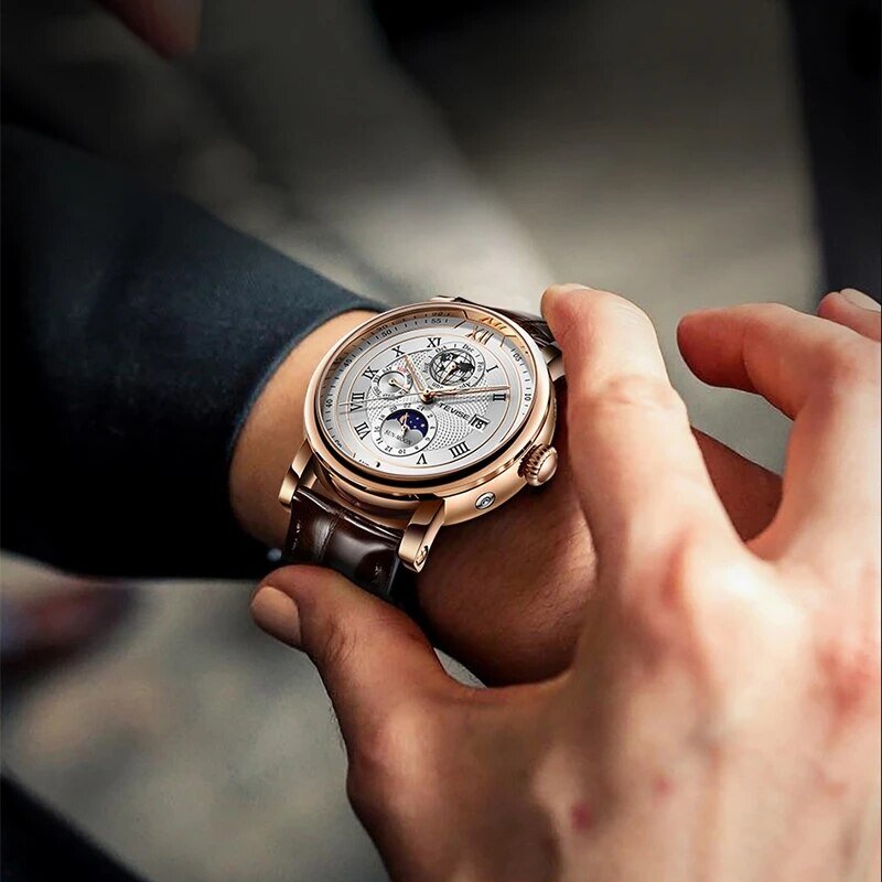 2024ビジネス防水機械式時計男性用トップブランド高級レザー時計男性用ムーンフェイズ自動腕時計