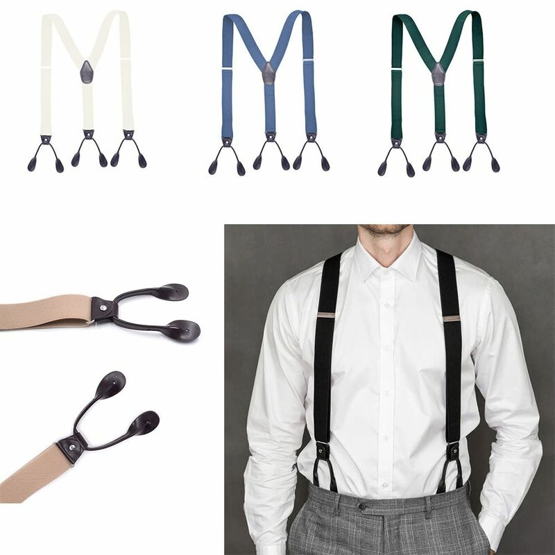 Vintage Elastic Trouser Braces Straps Belt Men Women Adult Leather Trimmed Button End Y Back Adjustable Suspenders Wedding Party