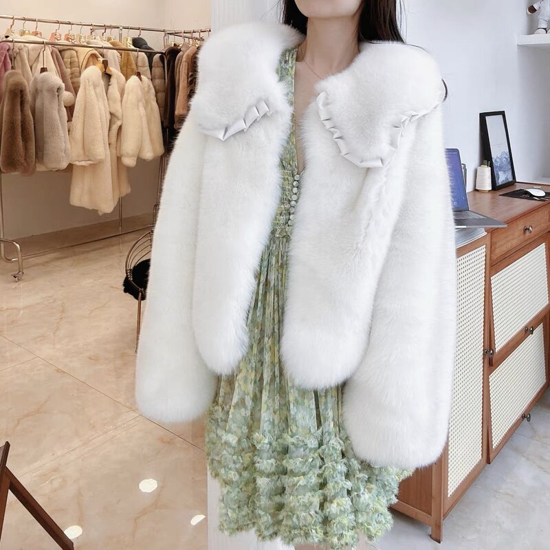 2023New Winter Woman Winter Whole Skin Fox Hair Fashionable Contrast Turn-down Collar Young Short And Fur Coat Lady Street Warm