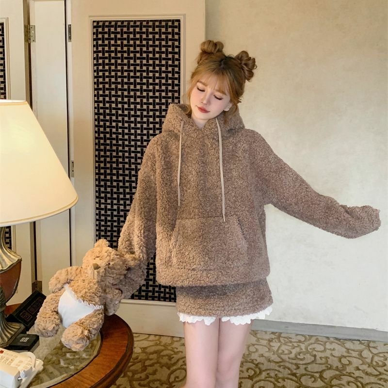 Милая Короткая юбка с капюшоном, комплект из двух предметов, пуловер в стиле Харадзюку, толстовка, симпатичная стильная верхняя одежда с длинным рукавом