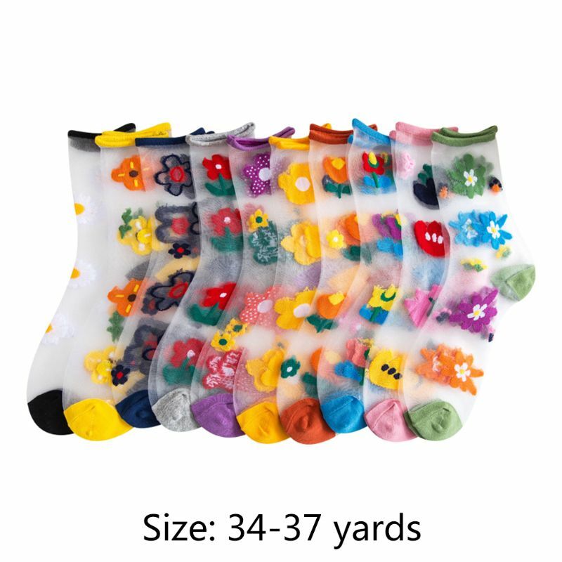 Женские носки до щиколотки из хрустального волокна ярких цветов, жаккардовые чулочно-носочные изделия с цветочным рисунком