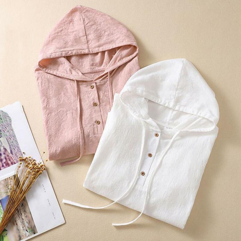 Women T-shirt Hooded Buttons Half Placket Short Sleeve Pullover Tops Solid Color Drawstring Thin Loose Summer Tee Shirt 2024
