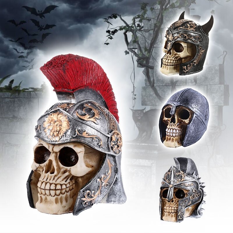 Decoración de cabeza de calavera Horrible para Halloween, artesanía de resina hecha a mano, estatuilla de esqueleto humano, estatua, decoración de estante de Mesa para el hogar