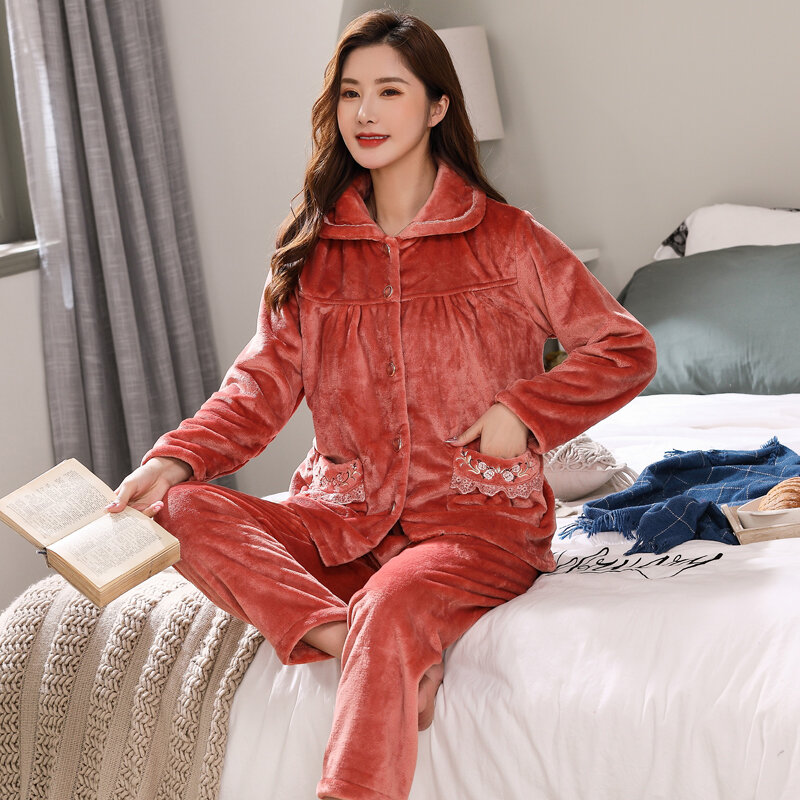 Thick Velvet Coral Fleece Pajamas Women Warm Flannel Embroidered Long-Sleeved Autumn And Winter Home Service Suit Pyjamas Mujer