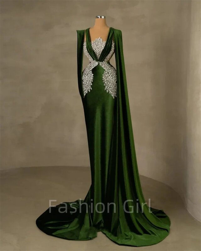 فستان سهرة مخملي أخضر زمردي كلاسيكي ، شال بأكمام طويلة ، أرواب أحجار كريستالية ، أثواب رائعة ، مناسبة رسمية