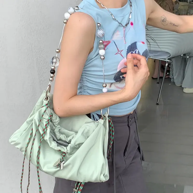 Women Green Beading Drawstring Bag Korean Fashion Summer Sports Fitness Backpacks Butterfly Y2k String School Bags Ins Backpack