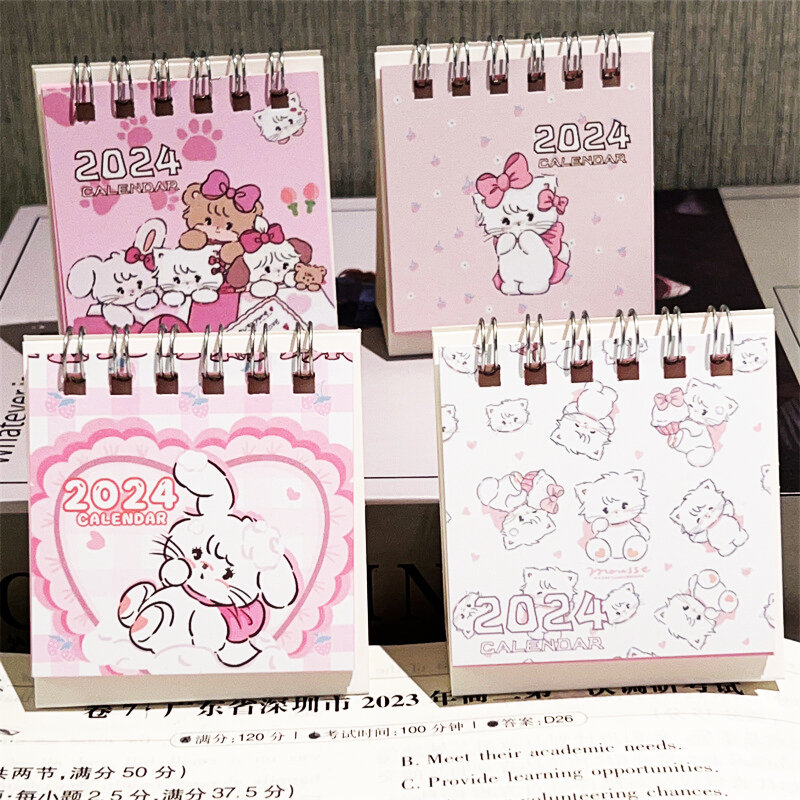 かわいいデスクトップスタンディングフリップカレンダー、漫画ピンクの猫、学校、オフィス、毎月の計画のためのミニデスクカレンダー、毎日のスケジュール、2024