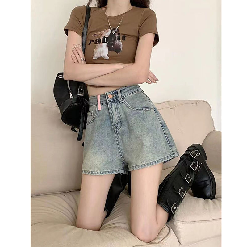 Celana pendek Denim, desain Korea musim panas baru dengan rumbai bordir, celana panjang kaki lebar pinggang tinggi serbaguna untuk siswa