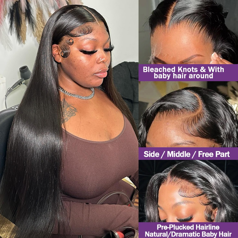 Peluca de cabello humano liso para mujeres negras, postizo de encaje Frontal transparente, 30 pulgadas, 13x4, Hd, predesplumada