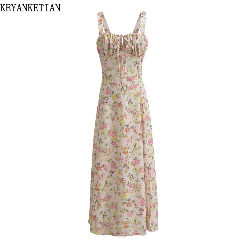 KEYANKETIAN-vestido de estilo Pastoral con estampado de flores y viento para mujer, vestido MIDI ajustado con cordones y cuello oblicuo, novedad de 2024