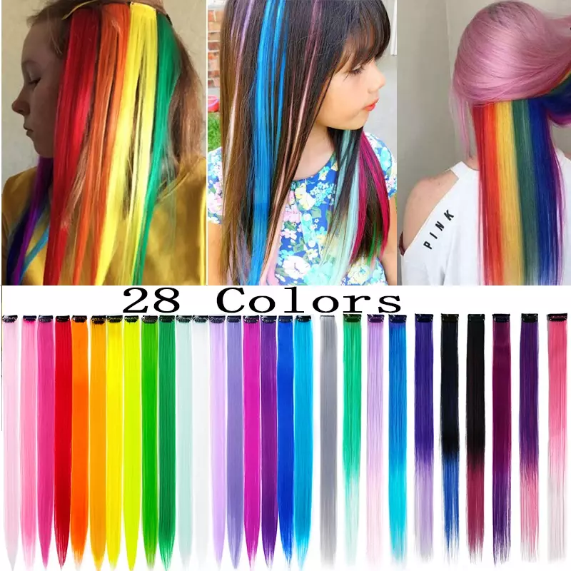 Tęczowy kolor syntetyczne tęczowe spinki do włosów jednoczęściowe proste kolorowe włosy przedłużanie 22-calowe treski pasemka dla dzieci