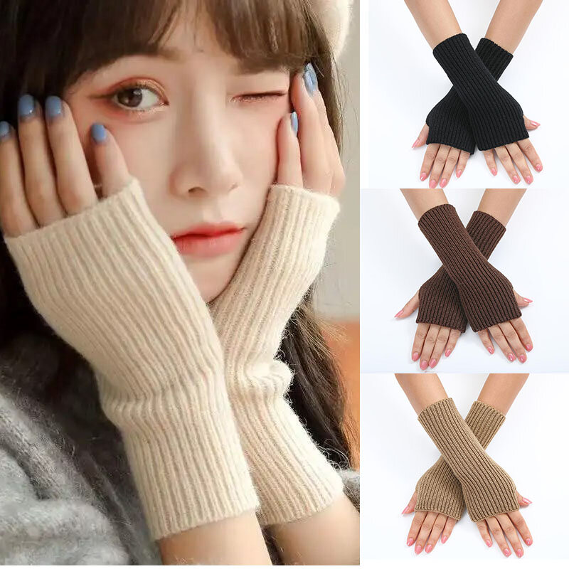 Sarung tangan rajut tanpa jari pria wanita, gaya Y2K sarung tangan musim dingin warna Solid lembut hangat wol rajut Sarung tangan fleksibel hangat