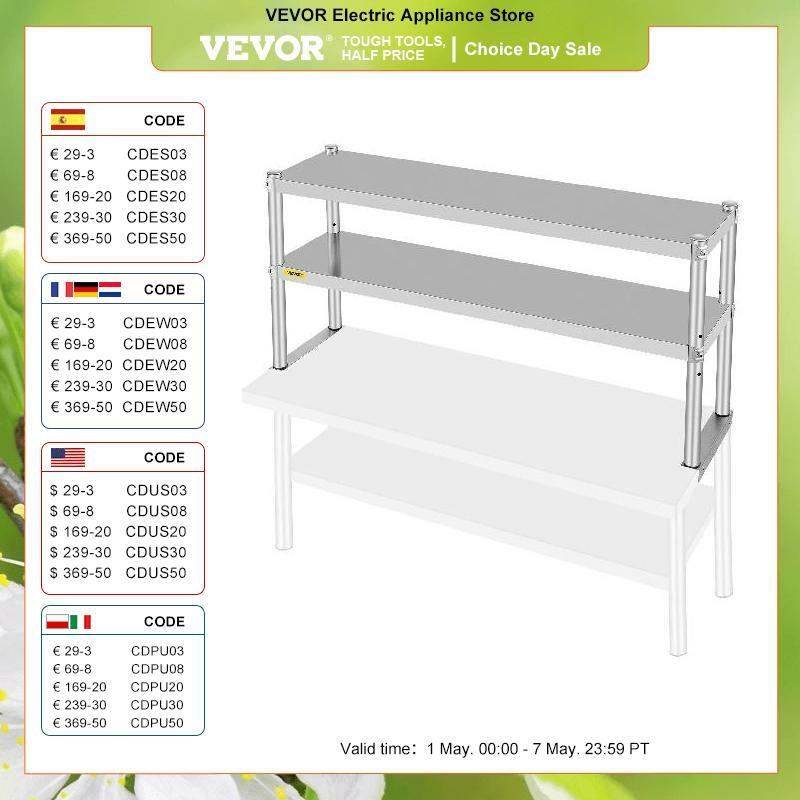 VEVOR-mesa de trabajo de cocina de acero inoxidable, 7 tipos, doble estante inferior ajustable, uso para el hogar y comercial
