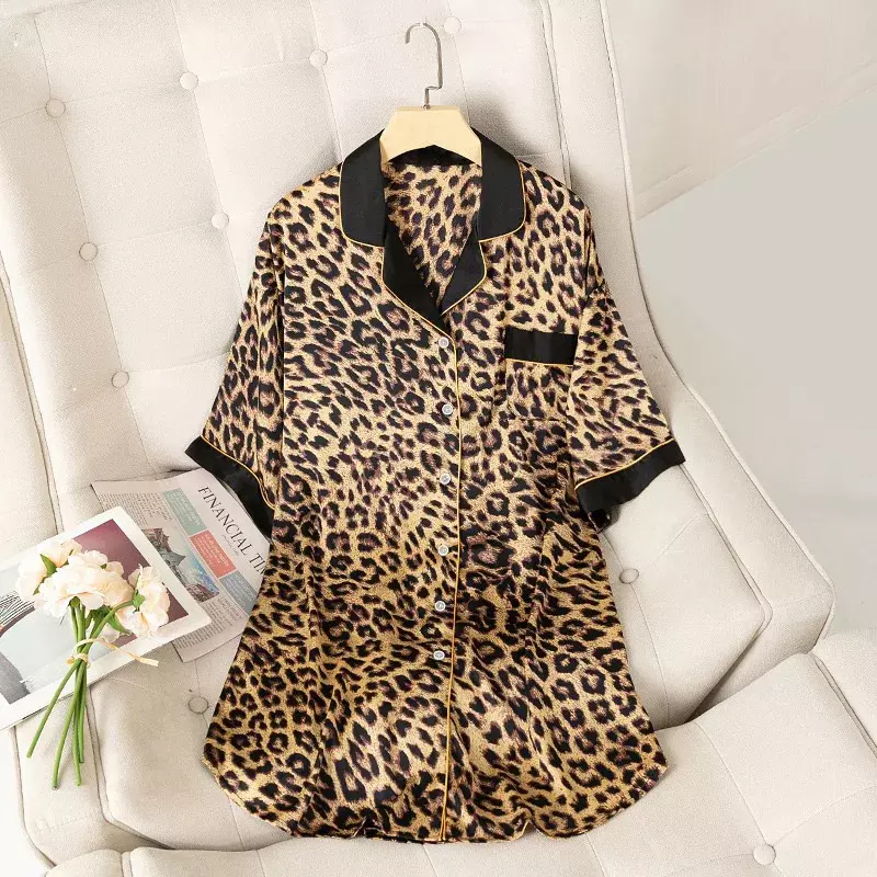 Women Nightgowns Satin Silk Leopard Print Shirt Sleepwear Buttons Nightwear Dress Sexy Lingerie Gown Robe Homedress Nightdress