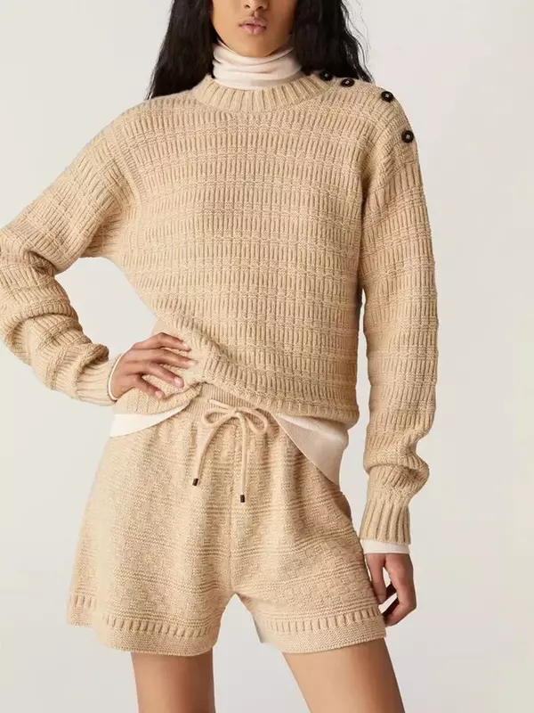 Botões de ombro de caxemira feminino suéter, gola O grosso, quente, vintage, manga comprida, pulôver de malha, novo, 2023