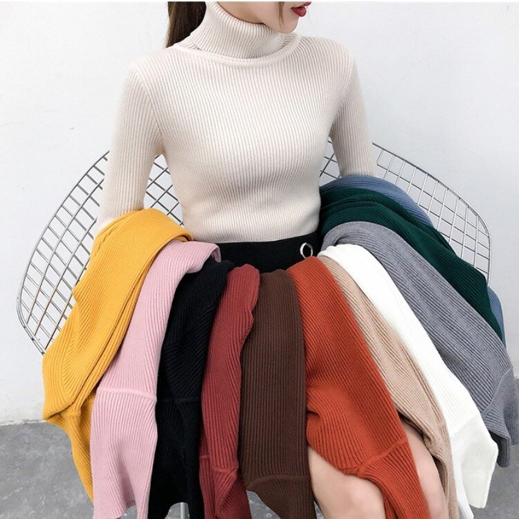 Sweater Turtleneck Wanita Sweater Rajut Warna Solid Musim Gugur Musim Dingin Sweater Ramping Lengan Panjang Mode Atasan Pullover Rajut Wanita