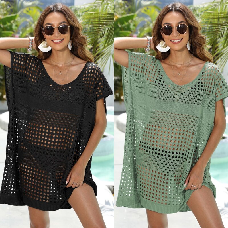 Beach wear vacation cover-up women's hollow woven shirt bikini cover-up loose dress 2024 new style