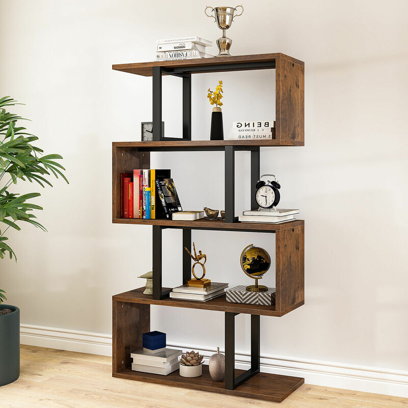 5 Tier Bookcase Wooden S-Shaped Z-Shelf Bookshelf Display Rack Storage Shelf Bookshelf  Cube Shelf
