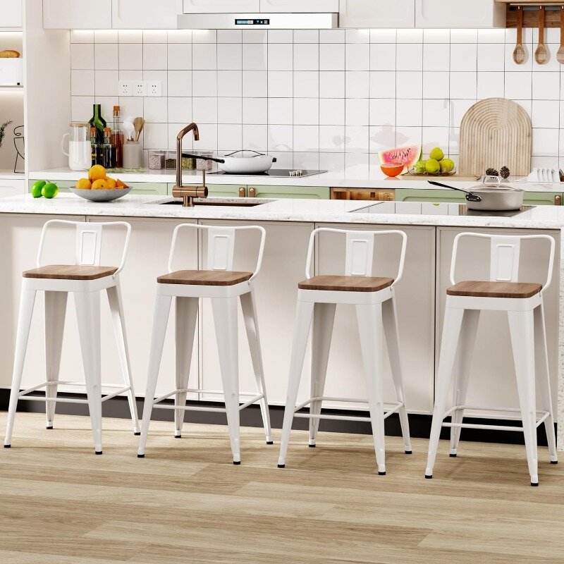 Metal Bar Stools  Counter Height Bar Stools Barstools with Removable Back 26" Kitchen Bar Stools with Wooden Seat