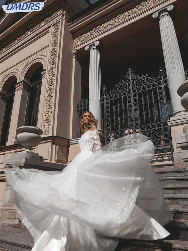 Vestido de noiva luxuoso frisado linha A, elegante vestido de noiva, manga comprida, fora do ombro, romântico, 2024