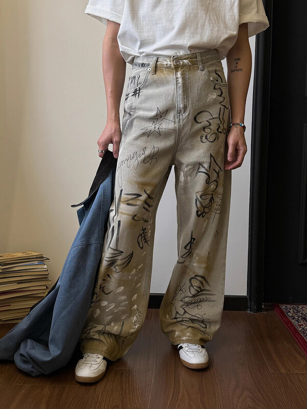 Винтажные мужские мешковатые джинсы с рисунком, с высокой талией