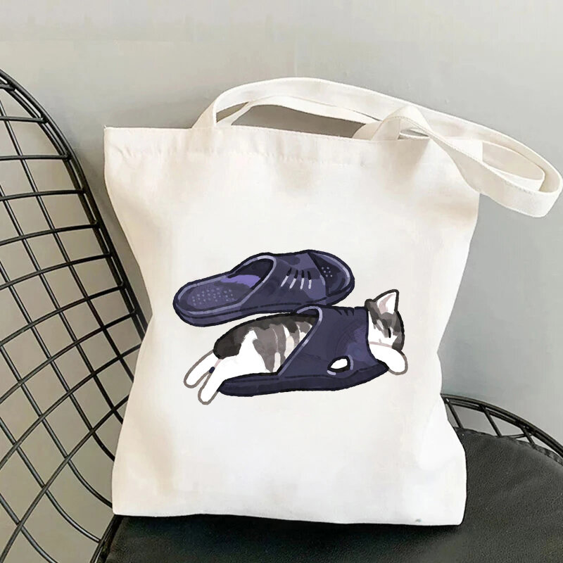 Bolso de hombro con estampado de gato de dibujos animados para mujer, bolsa de lona de gran capacidad, organizador informal, compras, supermercado