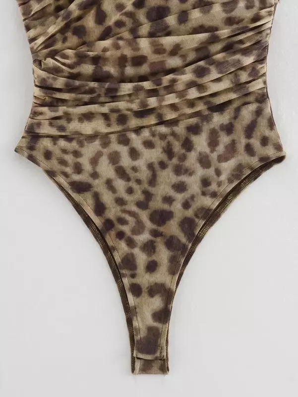 Macacão de seda assimétrico feminino, versão fina de estampa de animais, palhaço temperamento, design fold, nova moda, 2024