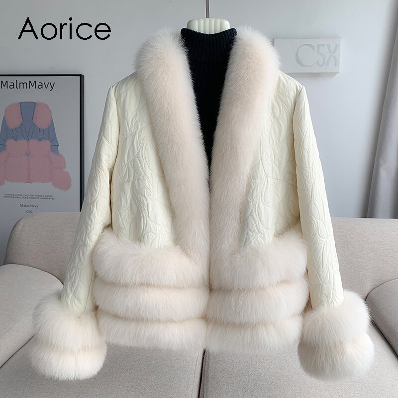 Aorice-Casaco Real Fox Fur para mulheres, forro de pato, casaco macio, acessórios de inverno, nova moda, CT319