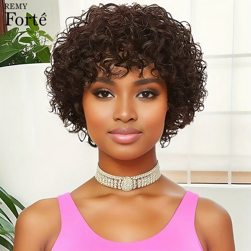 Pelucas Afro rizadas Bob para mujeres negras, marrón claro corte Pixie, cabello humano completo hecho a máquina, pelucas cortas rizadas Bob