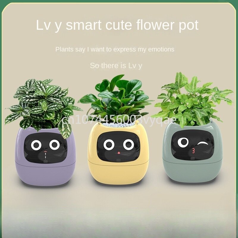 Desktop Green Plant Flower Pot, Inteligente, Fofo, Interação Pet, Expressão Cartoon, Emoções Plant, Ivy, Desktop