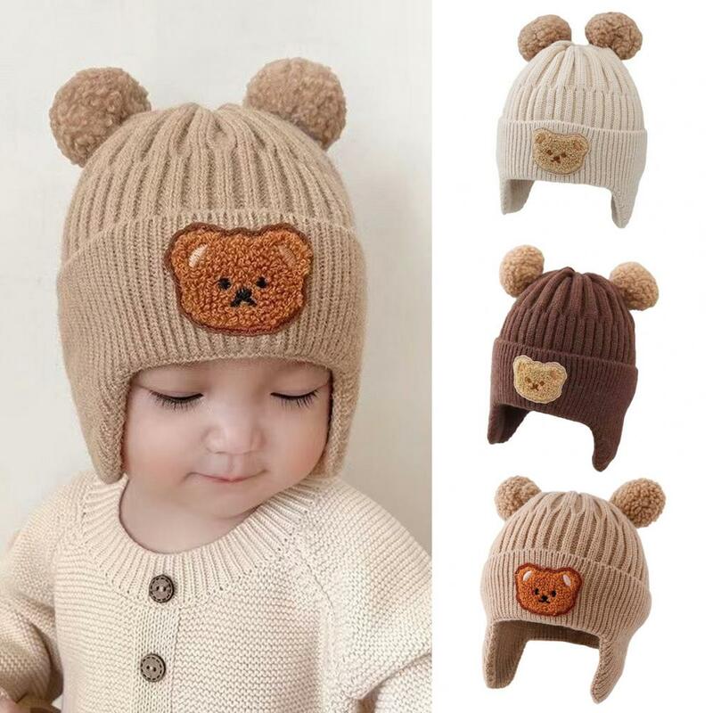 Urso de desenho animado infantil malha chapéu, proteção auricular, bola de pelúcia, grossa, quente, macia, gorro unisex bebê, inverno