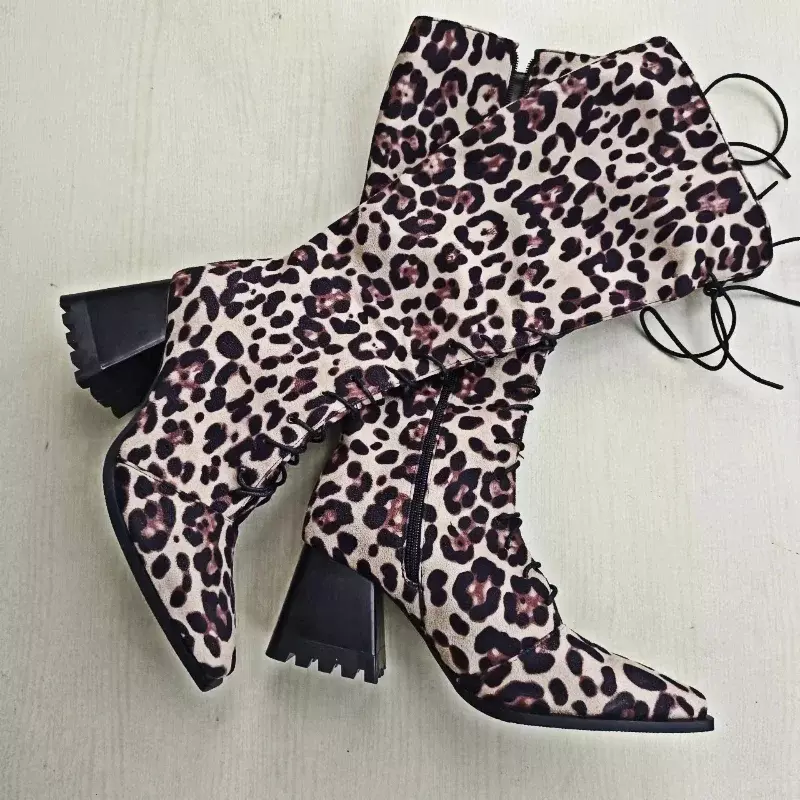 Leopard Print Knee-high Boots for Woman Winter 2023 Fashion New Lace-up Chunky Heels Side Zipper Women's Shoes Size 43 45 4748