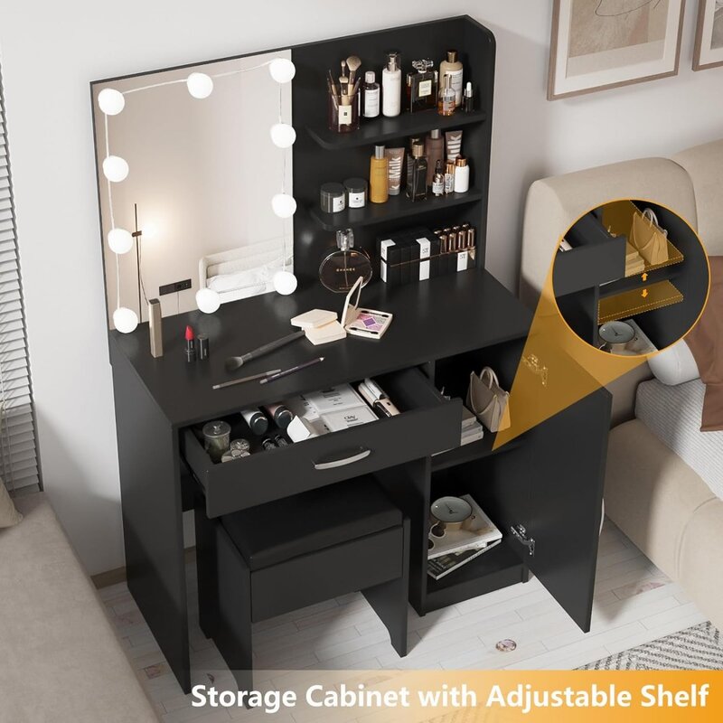 Tocador con espejo iluminado, cajón de escritorio y armario de almacenamiento, tocador para dormitorio