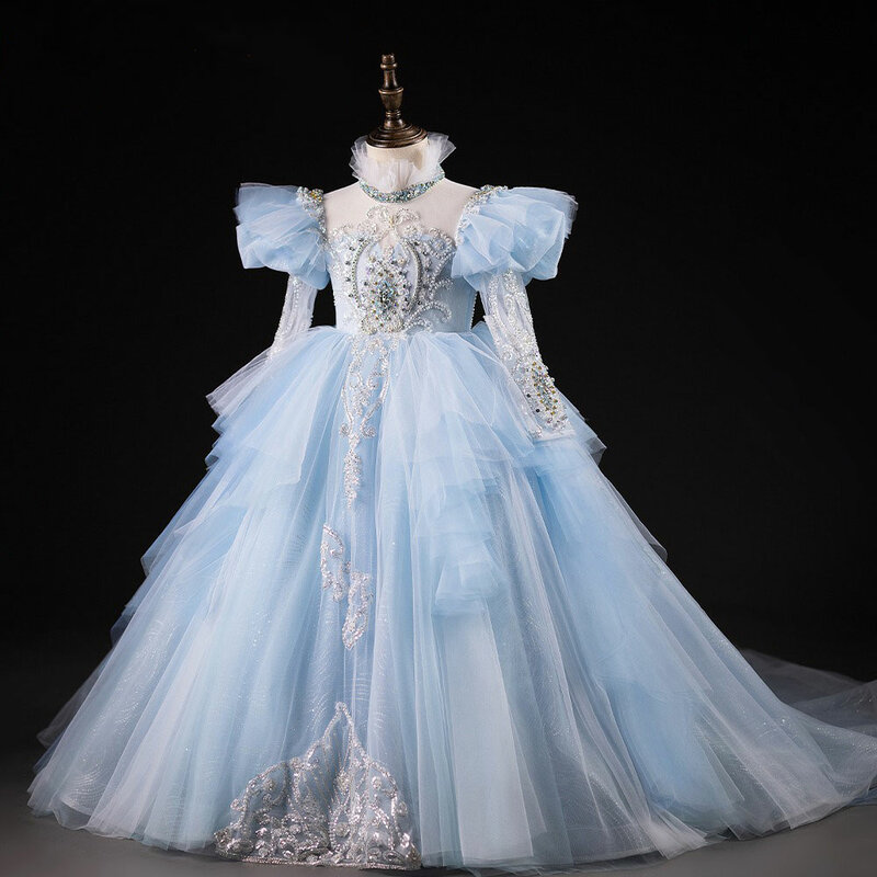 Jill Wish luksusowa niebieska sukienka dubajska z koralikami perłami arabska księżniczka dla dzieci suknia bal impreza urodzinowa ślubna komunia 2024 J378